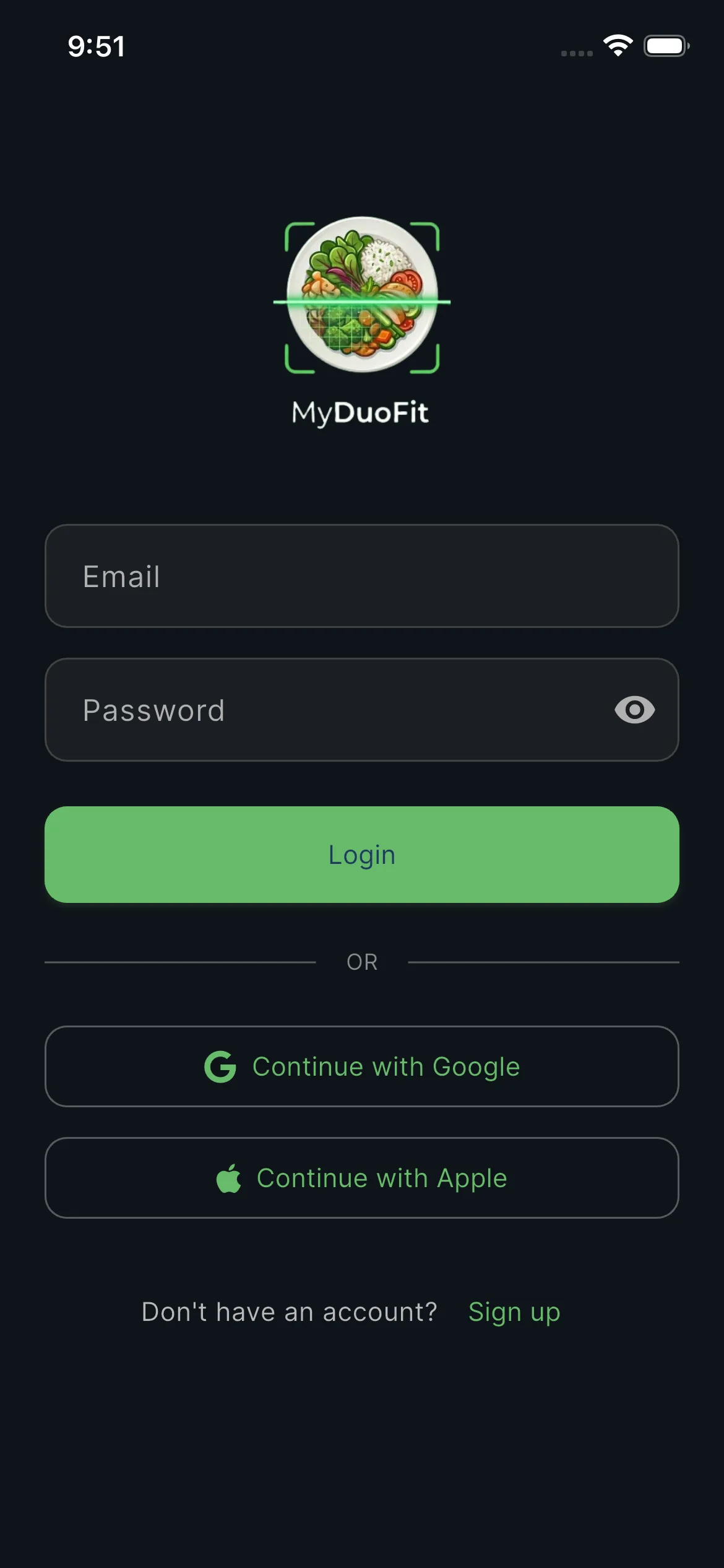 Login screen with email and password fields