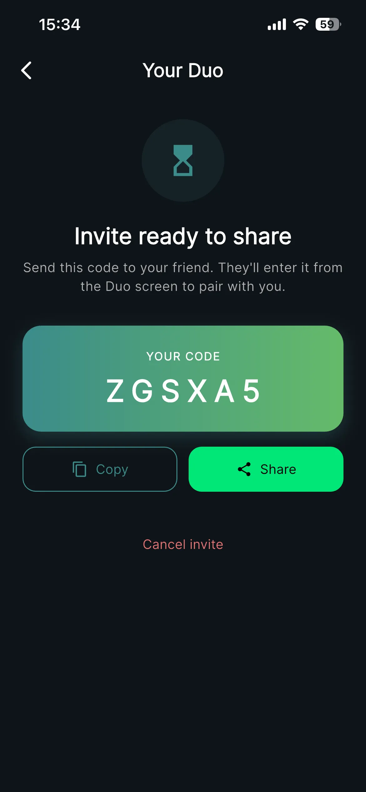 Duo invite screen showing a shareable pairing code