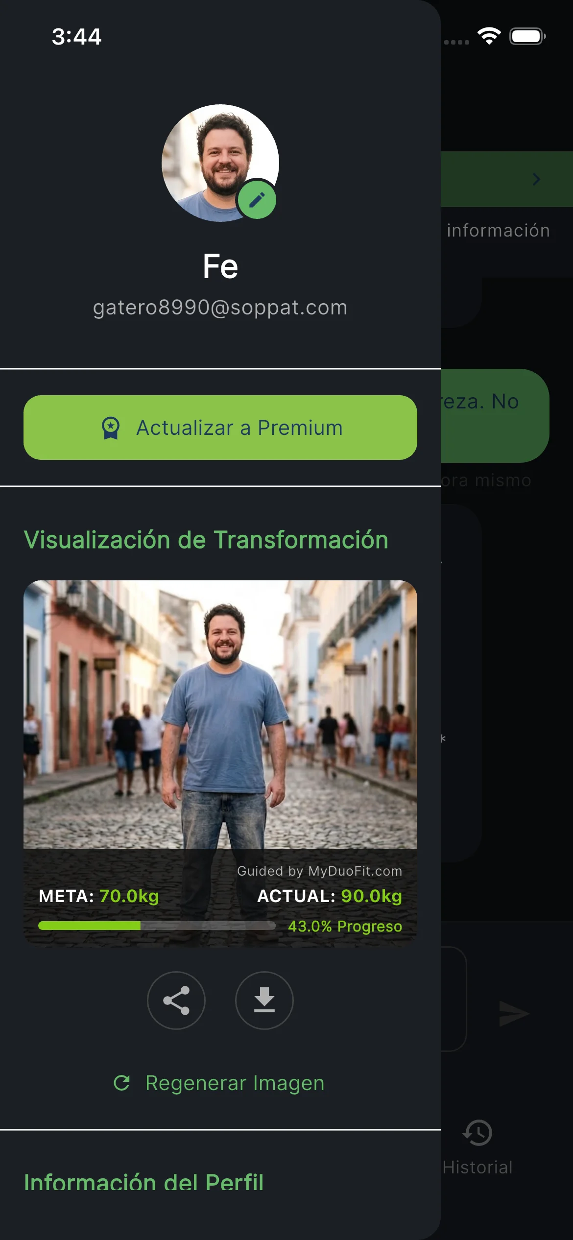 Vista previa de transformación con IA con peso actual y meta